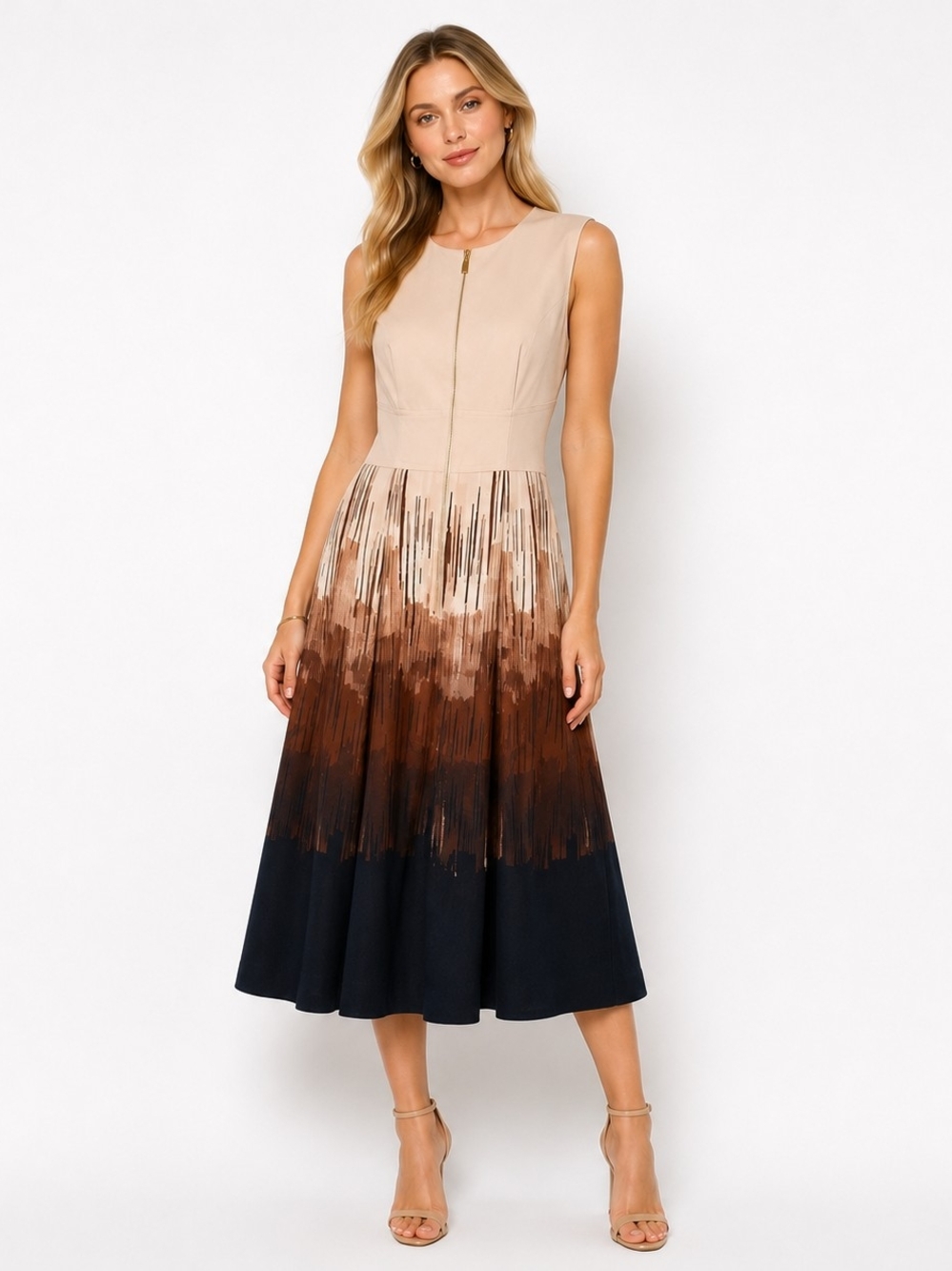Calvin Klein Sleeveless Ombre Midi Dress in Beige, Brown and Black